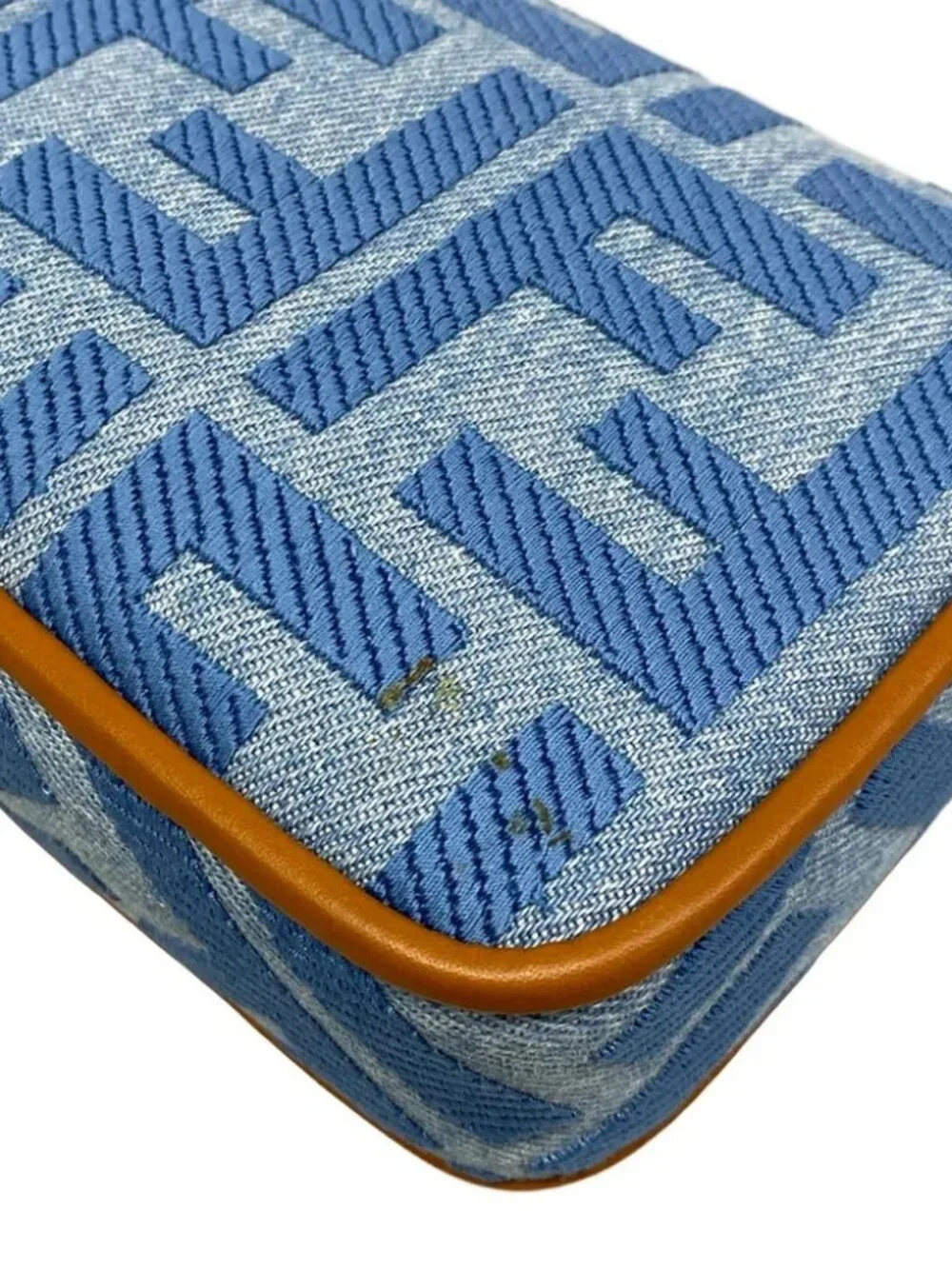 FENDI Baguette Mini 8BS017-AP4N Light Blue Brown Jacquard Leather Handbag